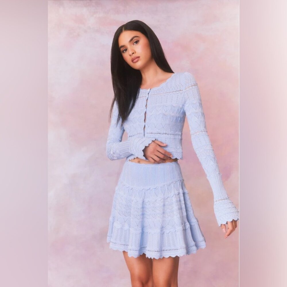 NEW LoveShackFancy Media Pointelle Scallop Cardigan in Morning Tide Blue | sz S - Picture 3 of 14